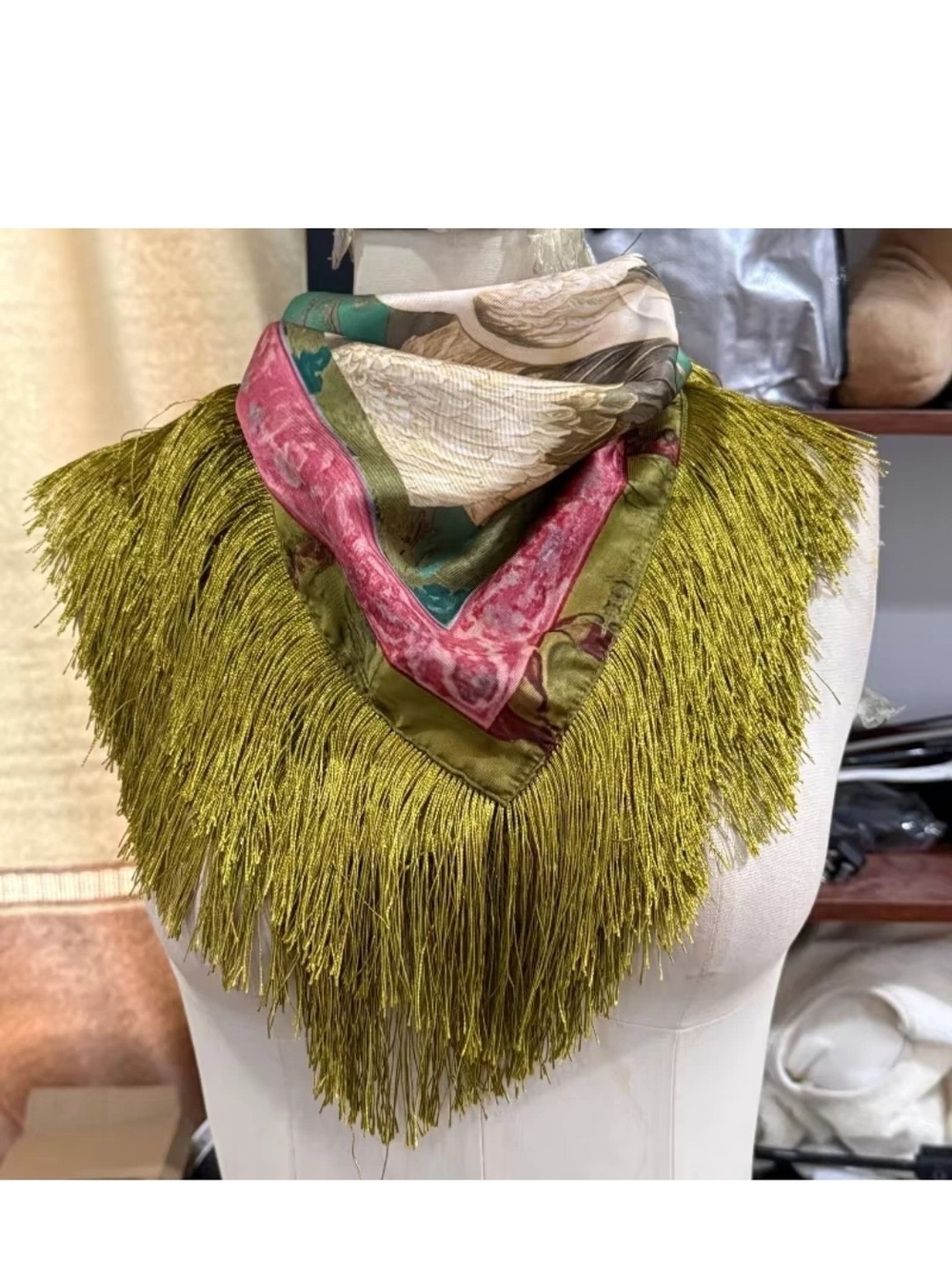 Fringed Green Silk-Blend Scarf with Pink Accents